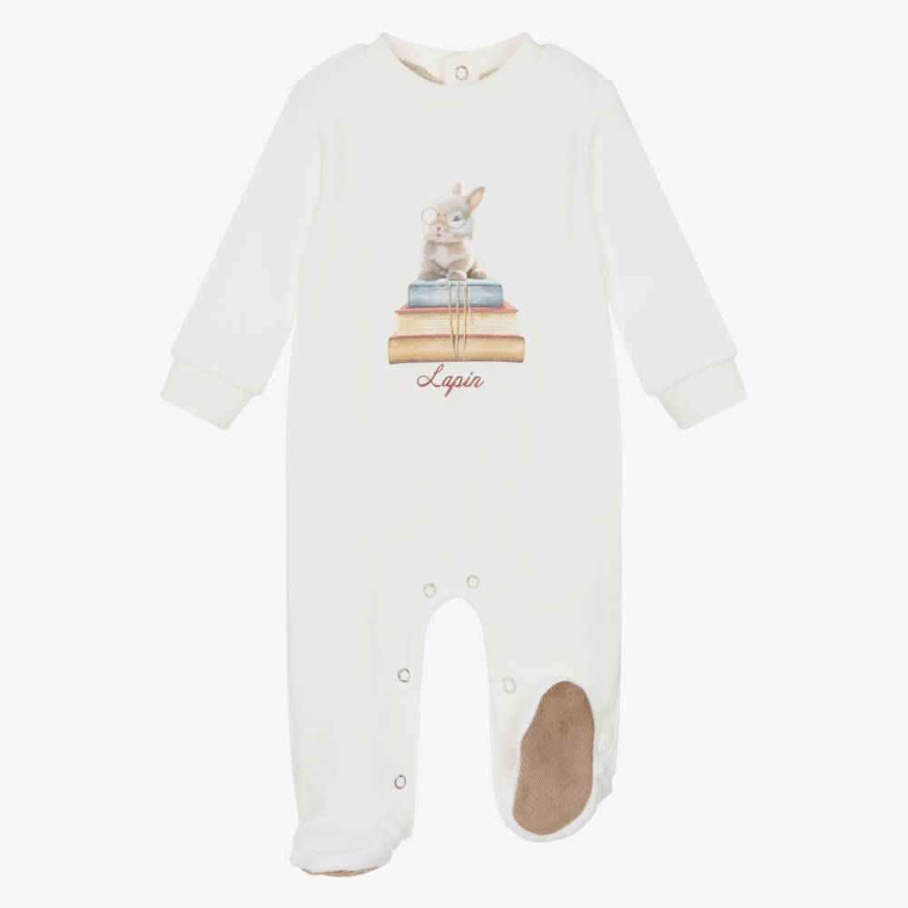 Lapin House-Ivory Velour Bunny & Books Babysuit with Corduroy Trims | Childrensalon
