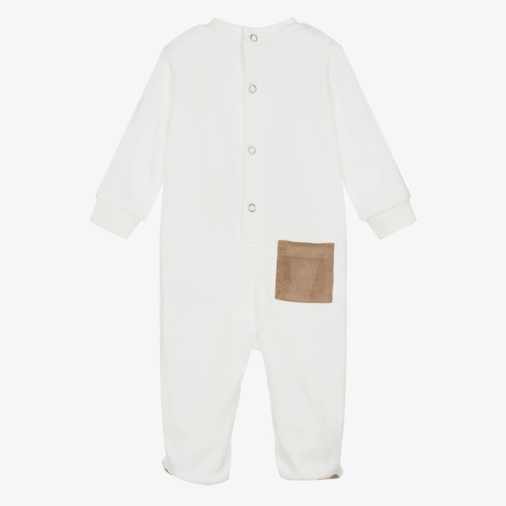 Lapin House-Ivory Velour Bunny & Books Babysuit with Corduroy Trims | Childrensalon