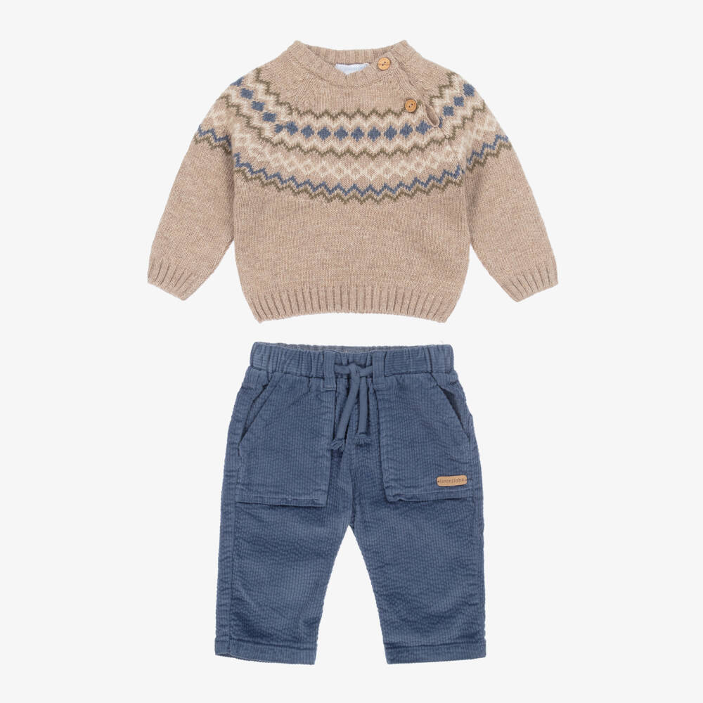 Laranjinha-Baby Boys Beige & Blue Corduroy Trouser Set | Childrensalon