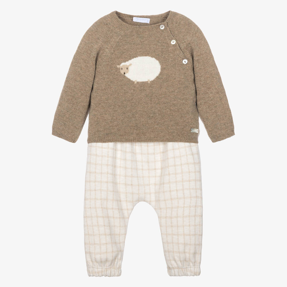 Laranjinha-Baby Boys Beige Check Trouser Set with Intarsia | Childrensalon