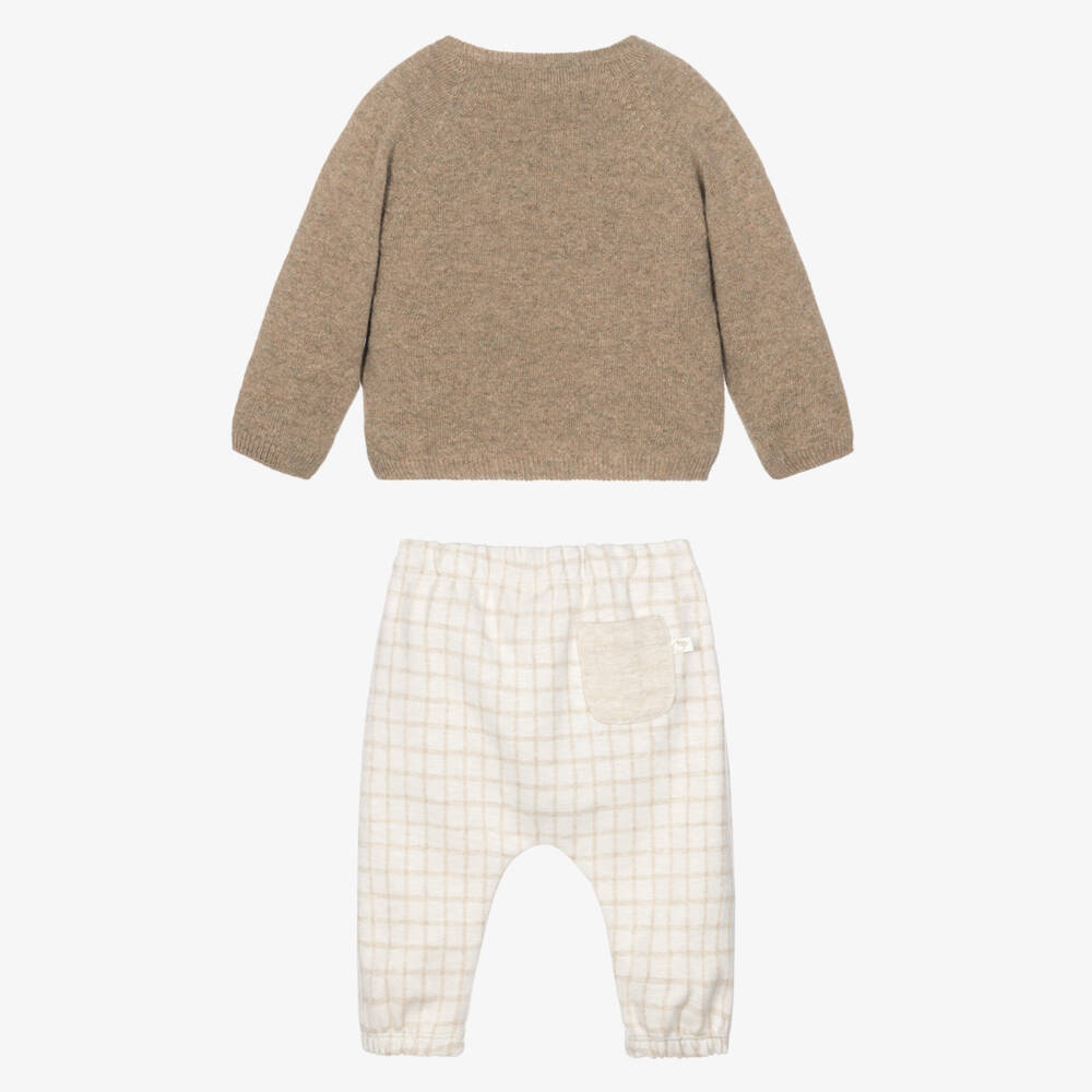 Laranjinha-Baby Boys Beige Check Trouser Set with Intarsia | Childrensalon