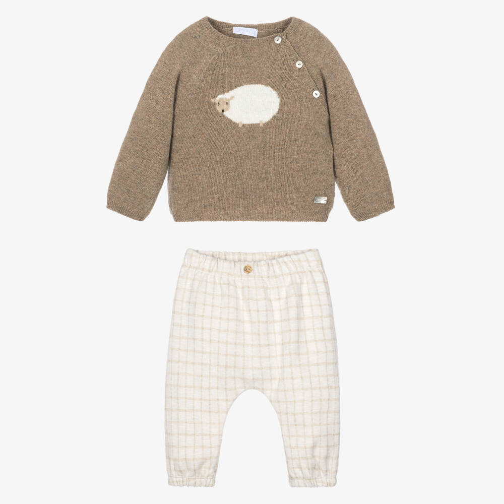 Laranjinha-Baby Boys Beige Check Trouser Set with Intarsia Sheep | Childrensalon