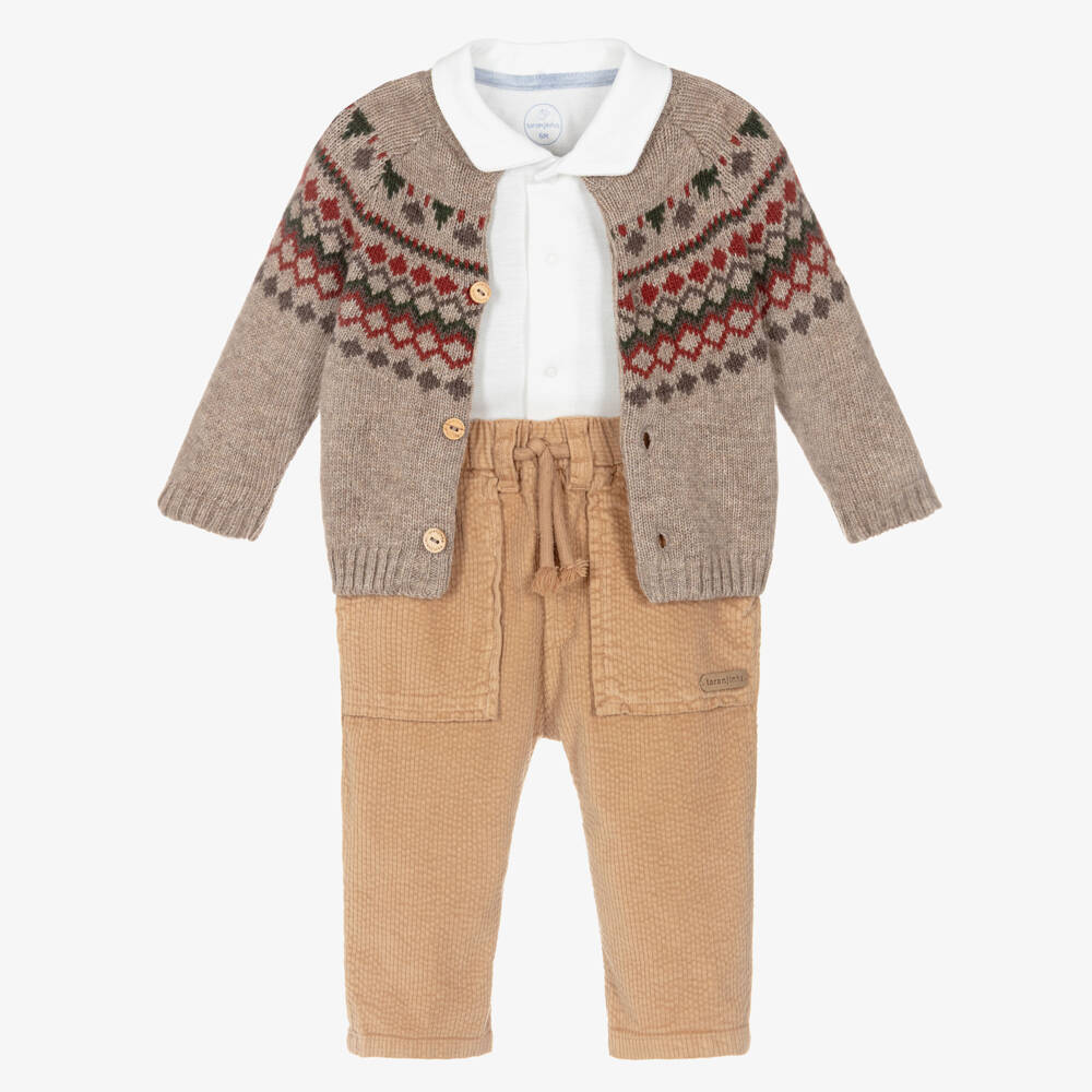 Laranjinha-Baby Boys Beige Fair Isle Cardigan, Bodysuit & Trouser Set | Childrensalon