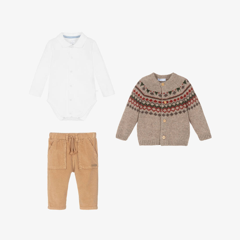 Laranjinha-Baby Boys Beige Fair Isle Cardigan, Bodysuit & Trouser Set | Childrensalon