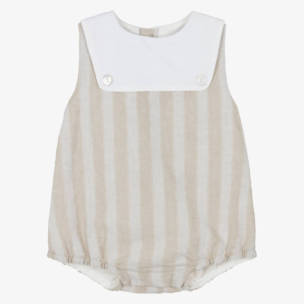 Laranjinha-Baby Boys Beige Striped Cotton & Linen Shortie | Childrensalon