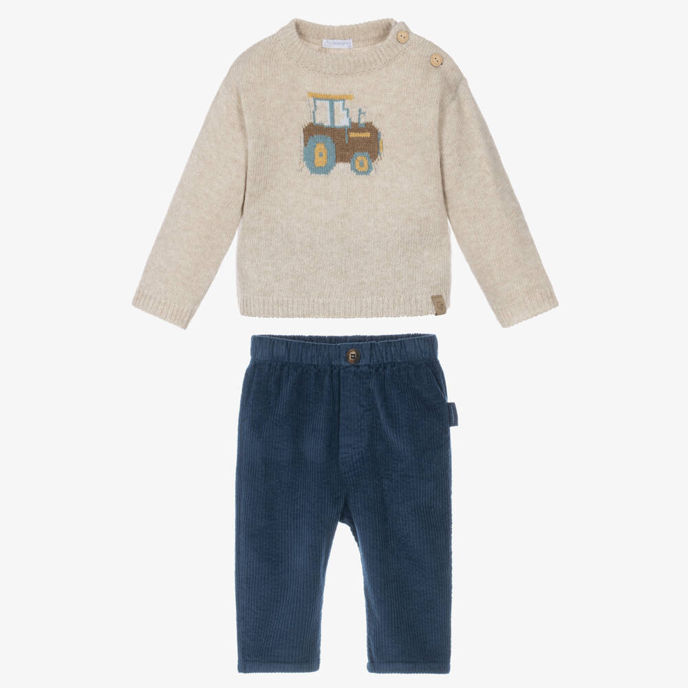 Laranjinha-Baby Boys Beige Tractor Sweater & Blue Trouser Set | Childrensalon