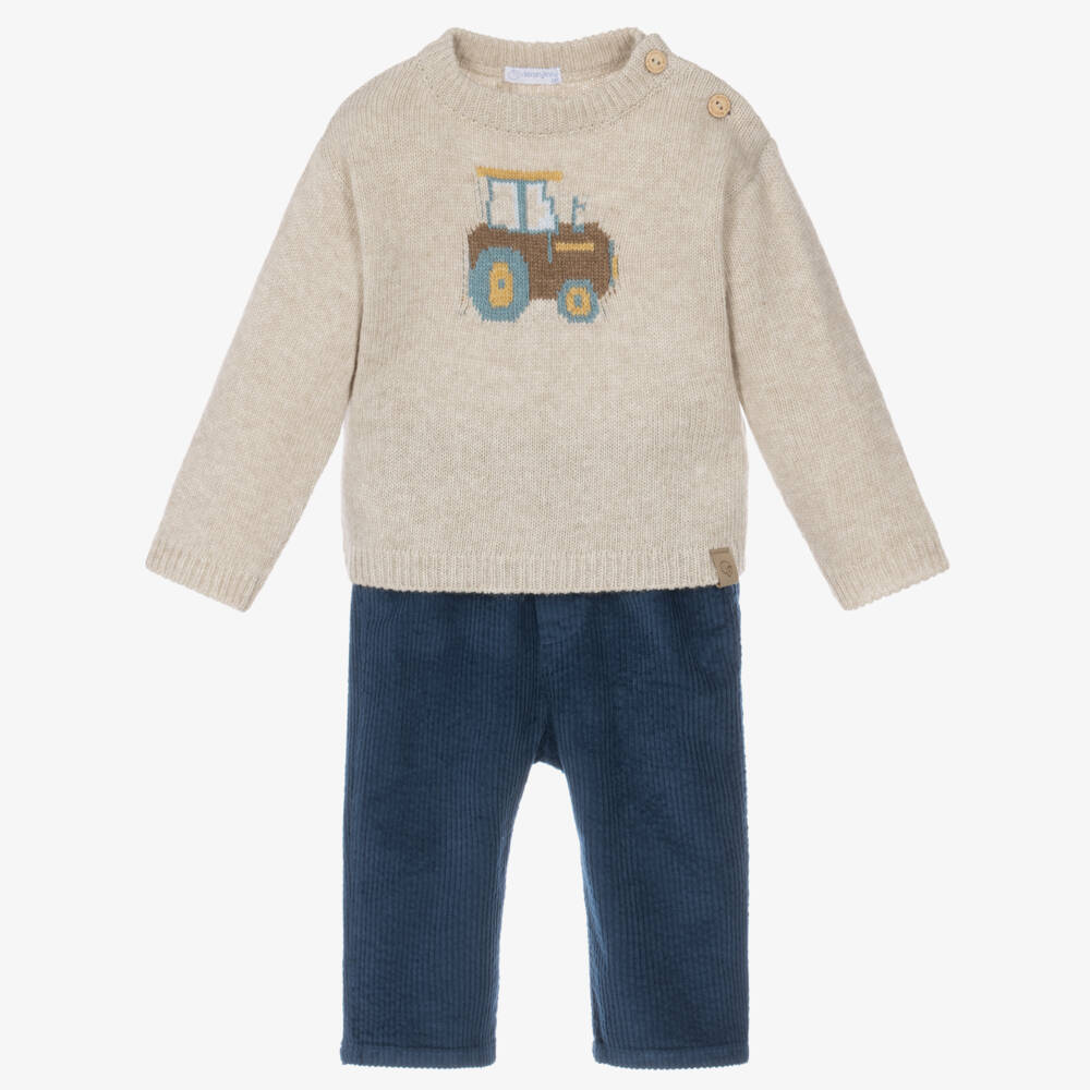 Laranjinha-Baby Boys Beige Tractor Sweater & Blue Trouser Set | Childrensalon