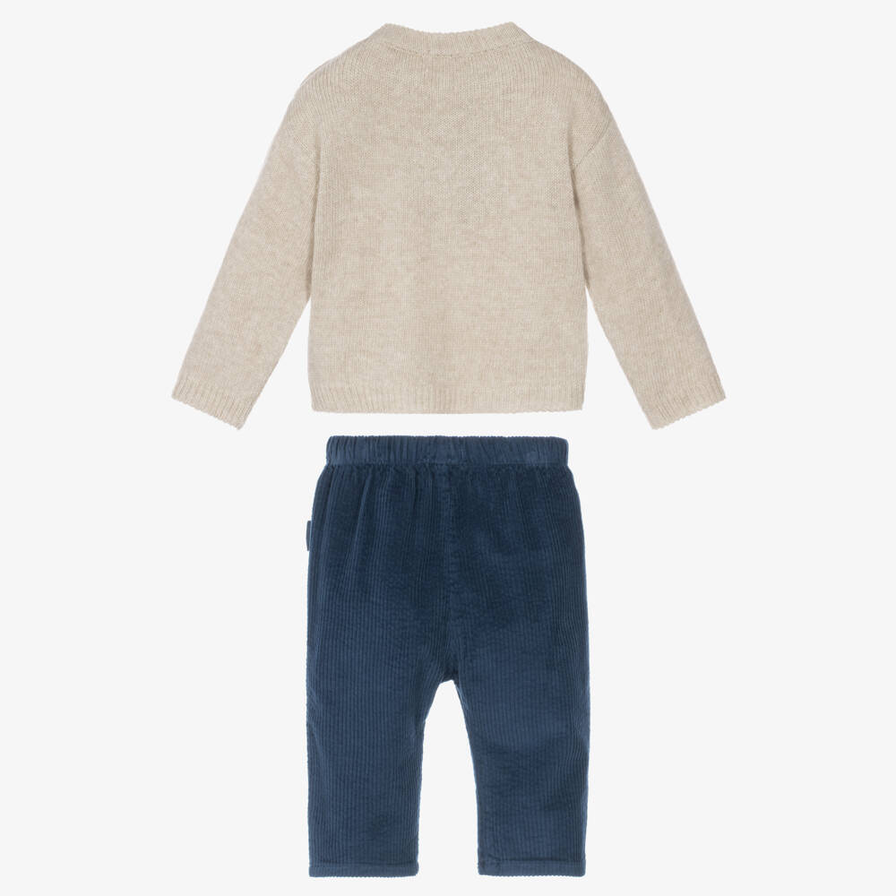 Laranjinha-Baby Boys Beige Tractor Sweater & Blue Trouser Set | Childrensalon