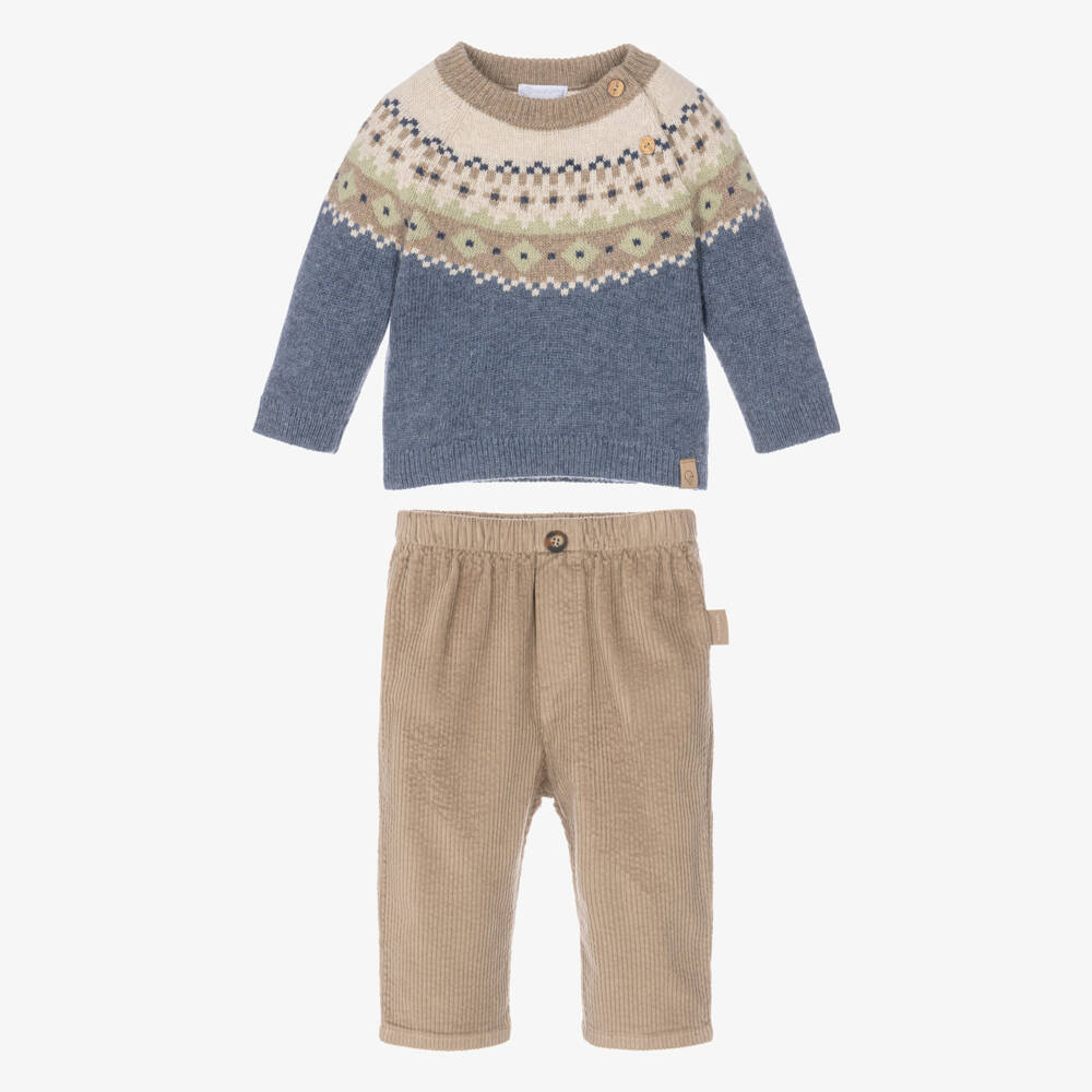 Laranjinha-Baby Boys Blue & Beige Corduroy Trouser Set | Childrensalon