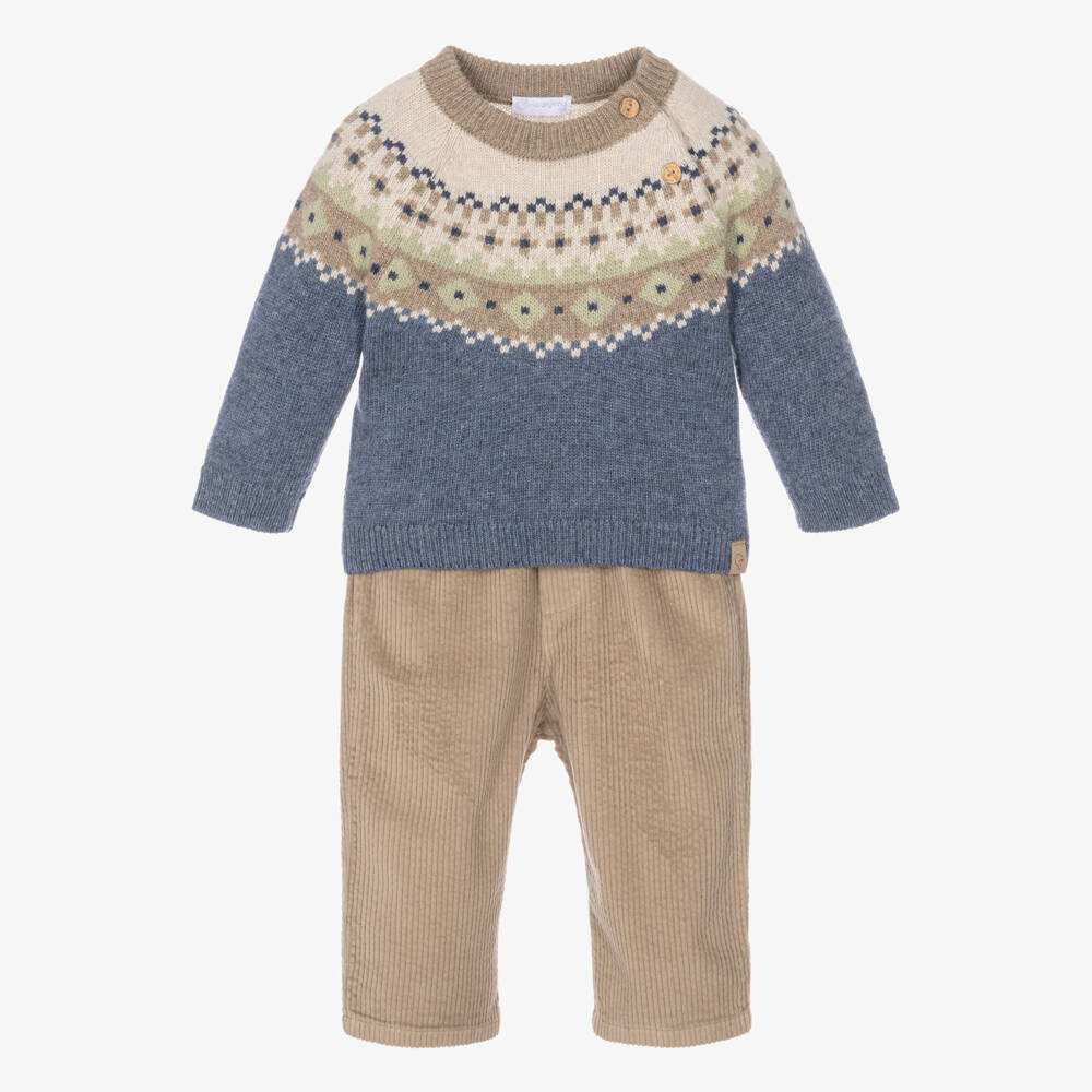 Laranjinha-Baby Boys Blue & Beige Corduroy Trouser Set | Childrensalon