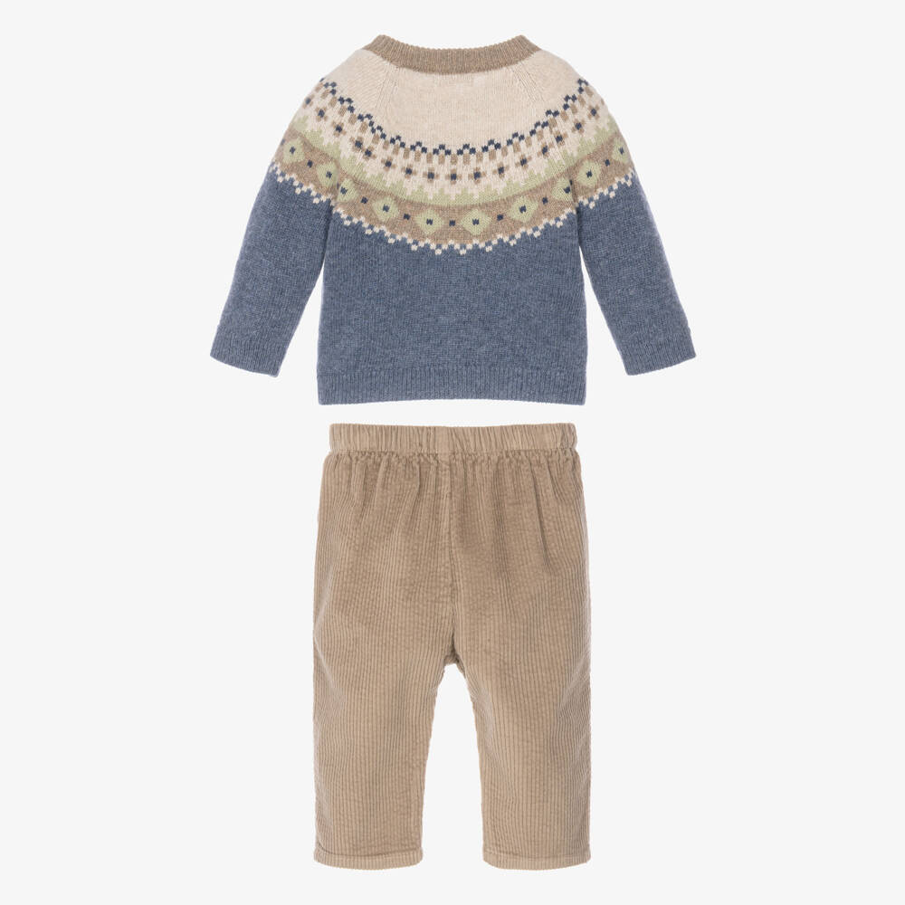 Laranjinha-Baby Boys Blue & Beige Corduroy Trouser Set | Childrensalon
