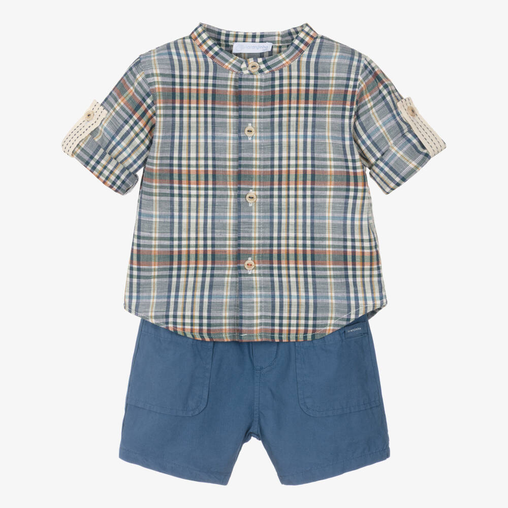 Laranjinha-Baby Boys Blue Cotton Check Shirt & Shorts Set | Childrensalon