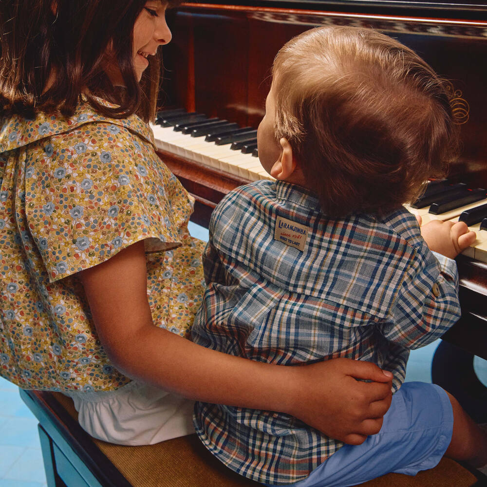 Laranjinha-Baby Boys Blue Cotton Check Shirt & Shorts Set | Childrensalon