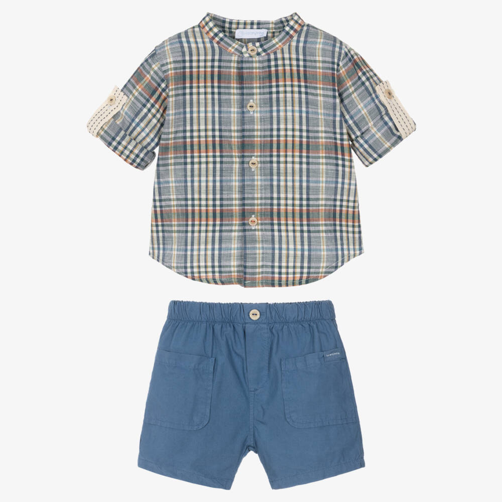 Laranjinha-Baby Boys Blue Cotton Check Shirt & Shorts Set | Childrensalon