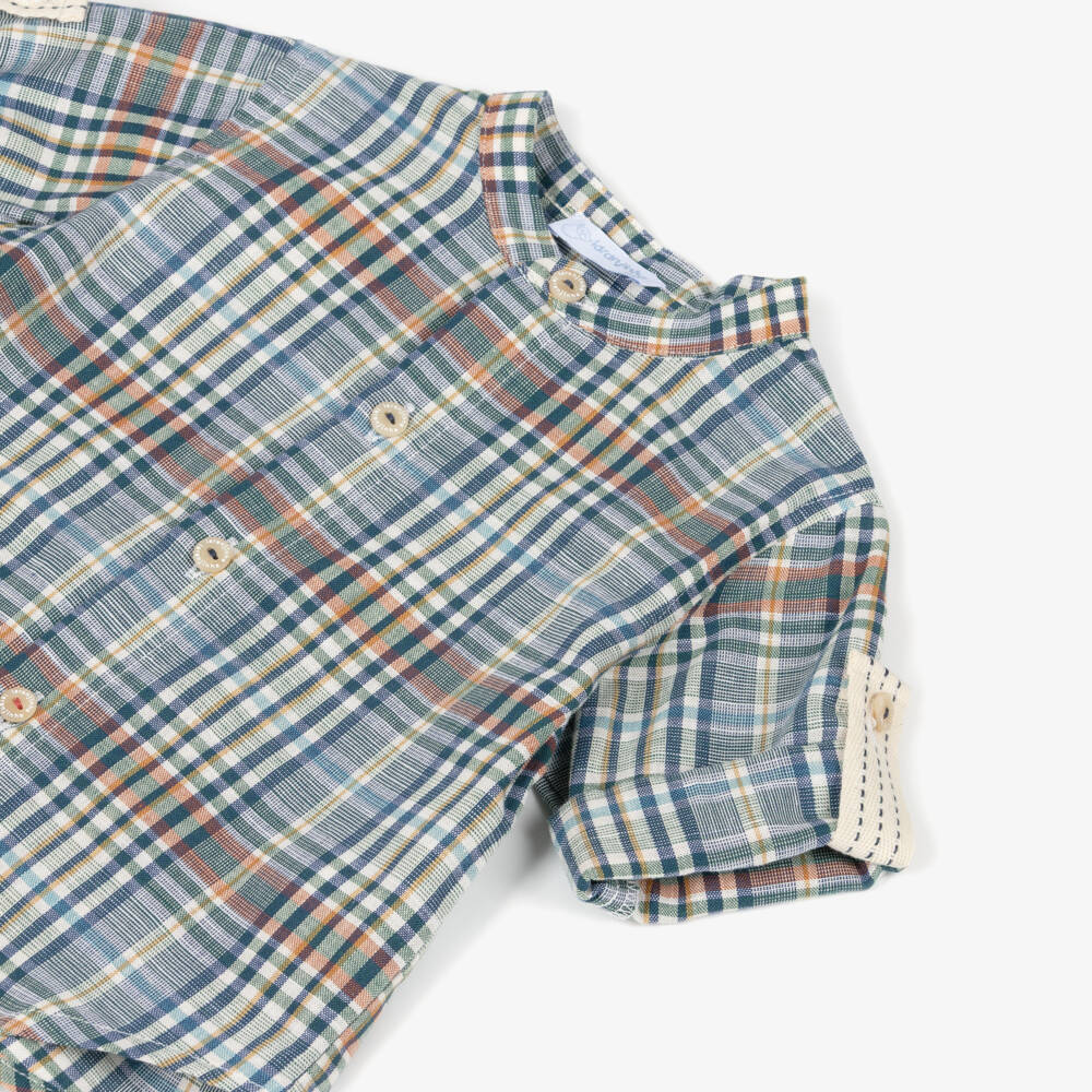 Laranjinha-Baby Boys Blue Cotton Check Shirt & Shorts Set | Childrensalon
