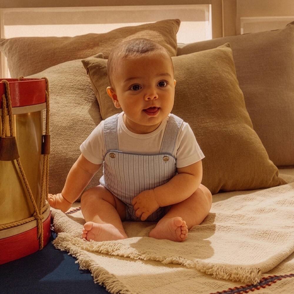 Laranjinha-Baby Boys Blue Striped Cotton Dungaree Shortie | Childrensalon