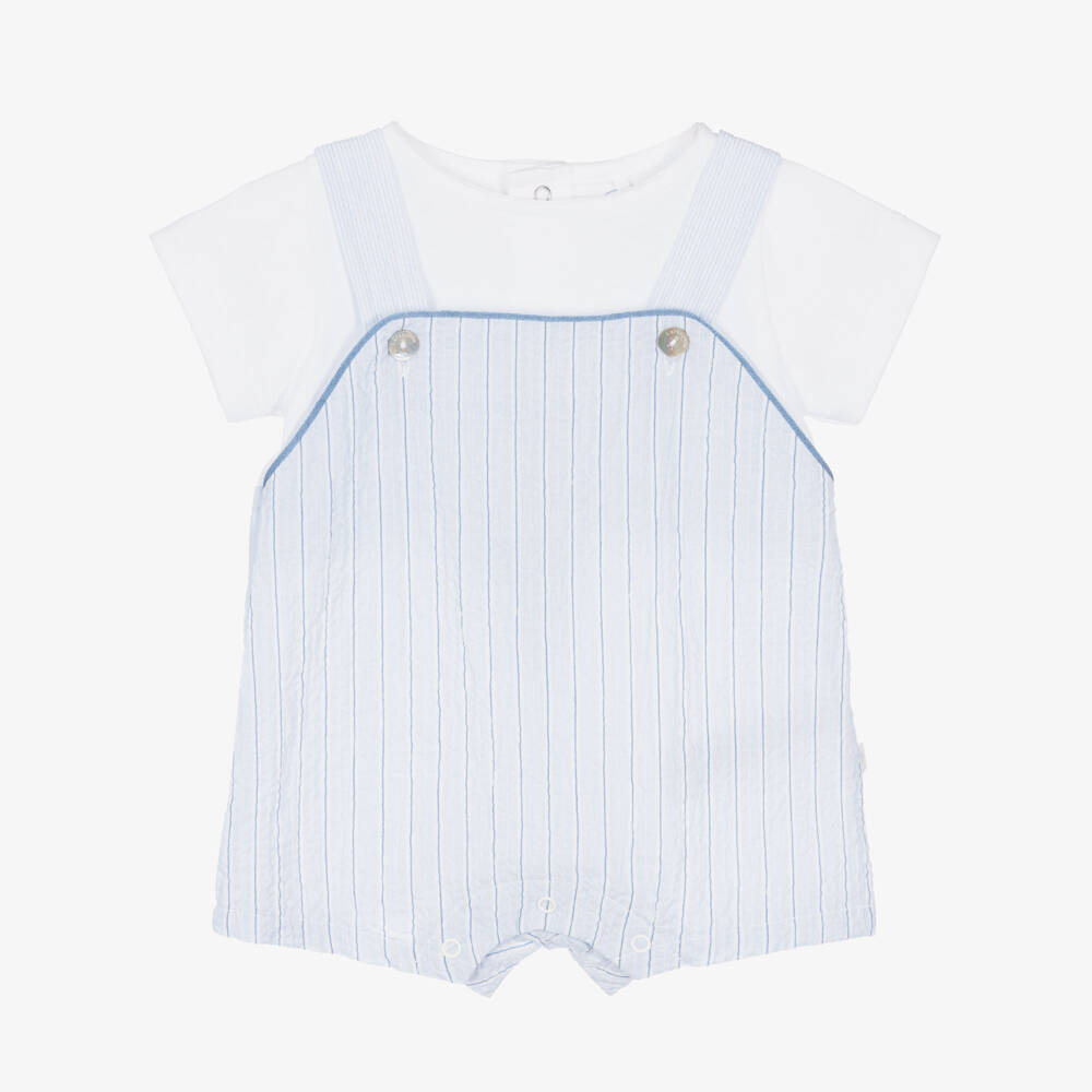 Laranjinha-Baby Boys Blue Striped Cotton Dungaree Shortie | Childrensalon