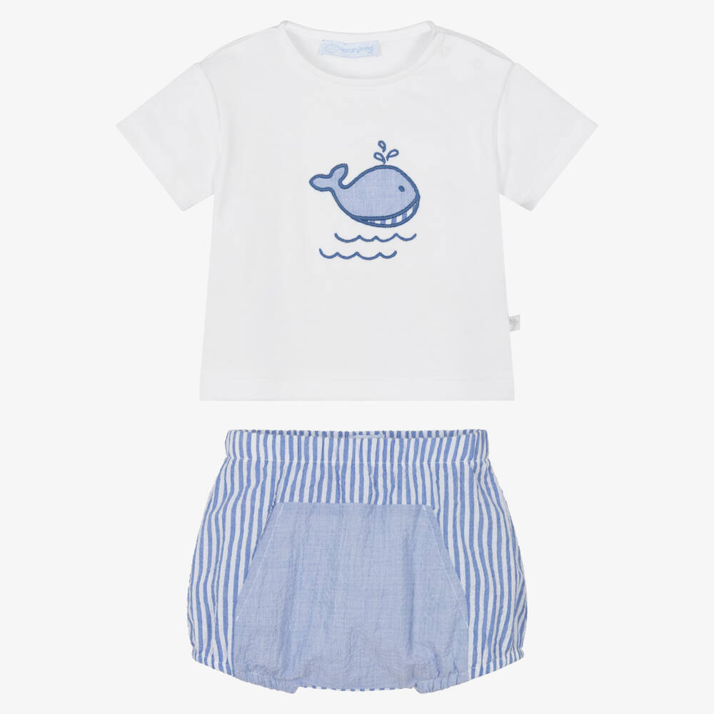 Laranjinha-Baby Boys Blue & White Cotton Whale Shorts Set | Childrensalon