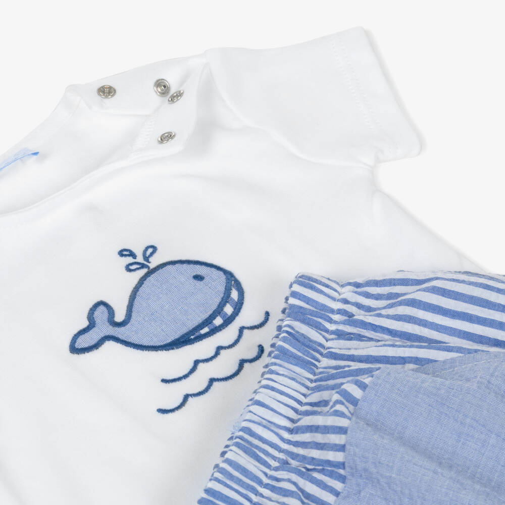 Laranjinha-Baby Boys Blue & White Cotton Whale Shorts Set | Childrensalon