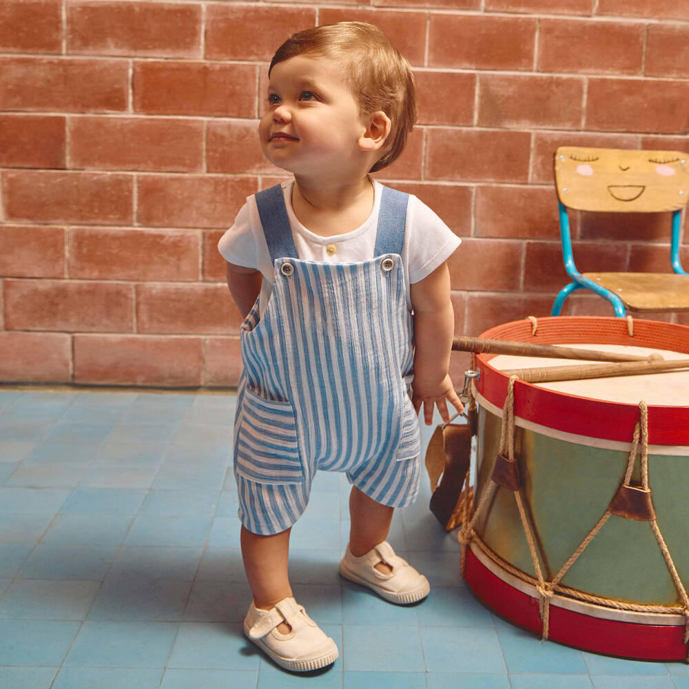 Laranjinha-Baby Boys Blue & White Striped Cotton Dungaree Shorts Set | Childrensalon