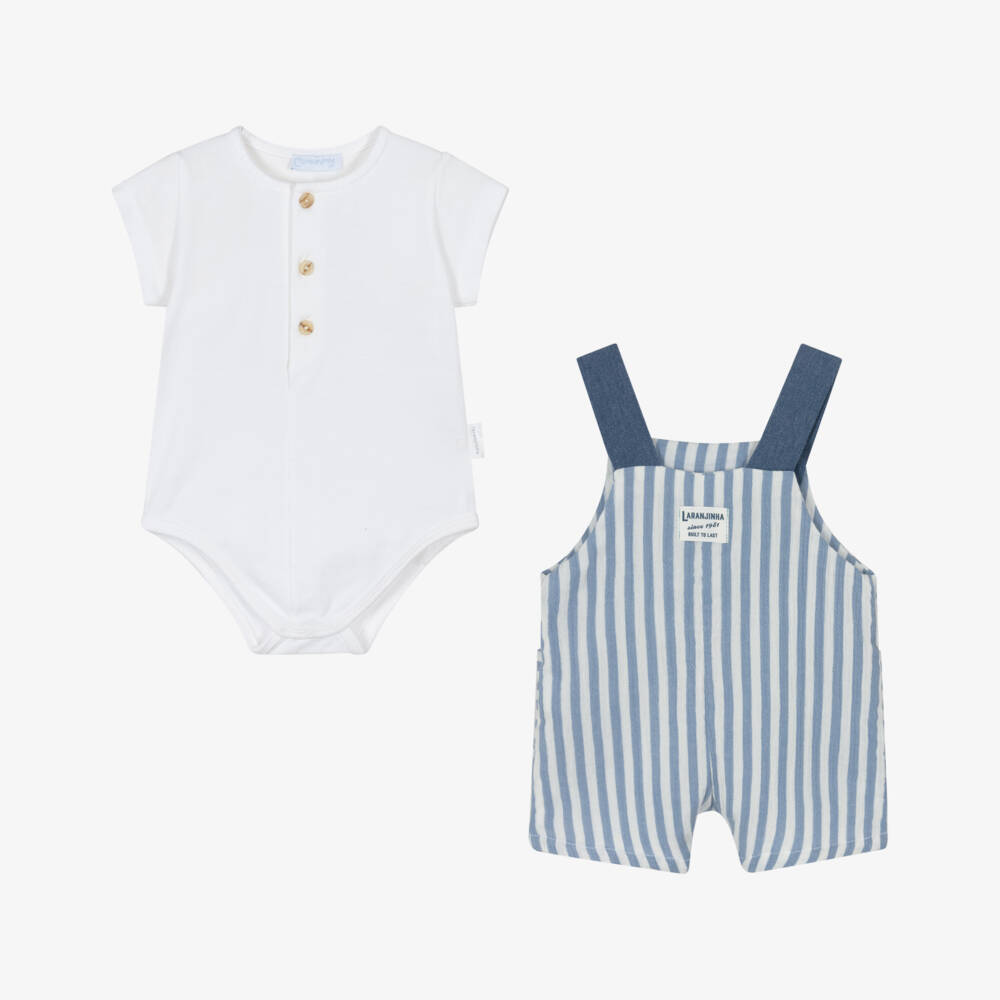 Laranjinha-Baby Boys Blue & White Striped Cotton Dungaree Shorts Set | Childrensalon