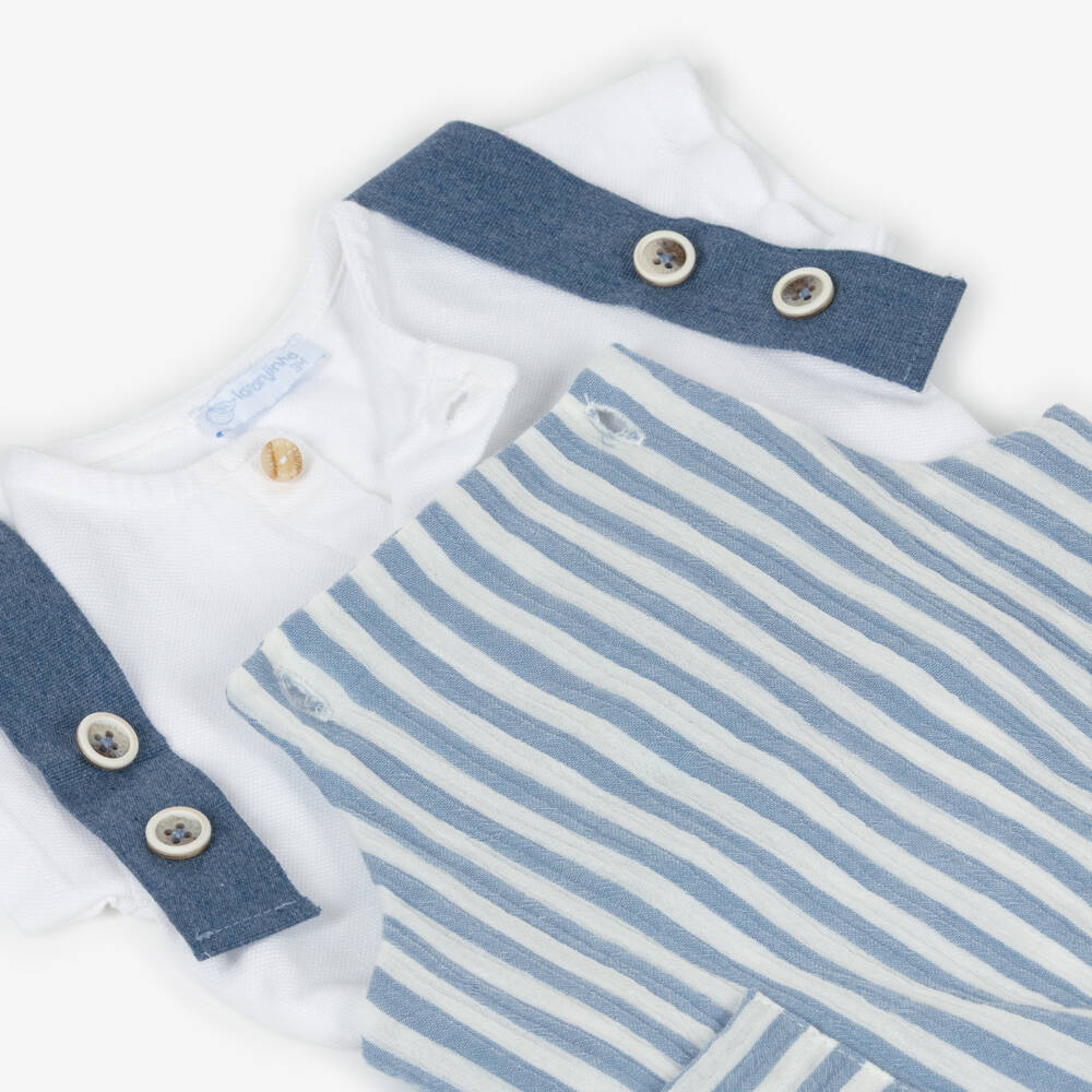 Laranjinha-Baby Boys Blue & White Striped Cotton Dungaree Shorts Set | Childrensalon