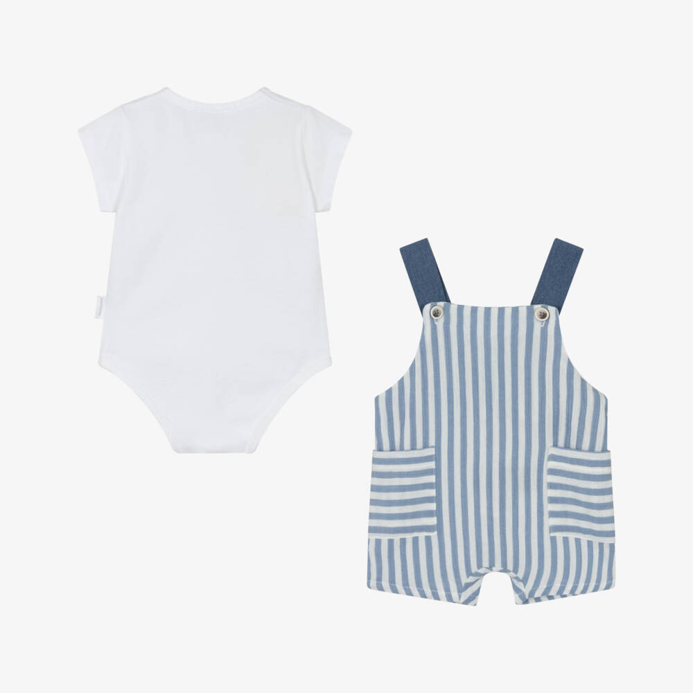 Laranjinha-Baby Boys Blue & White Striped Cotton Dungaree Shorts Set | Childrensalon