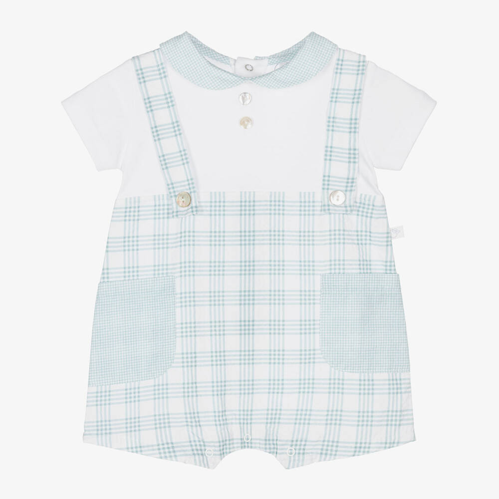 Laranjinha-Baby Boys Green Check Cotton Dungaree Shortie | Childrensalon