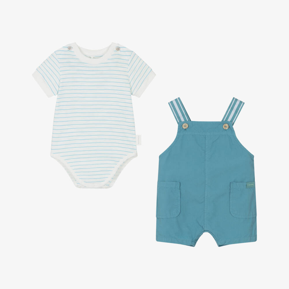 Laranjinha-Baby Boys Teal Blue Cotton Dungaree Shorts Set | Childrensalon