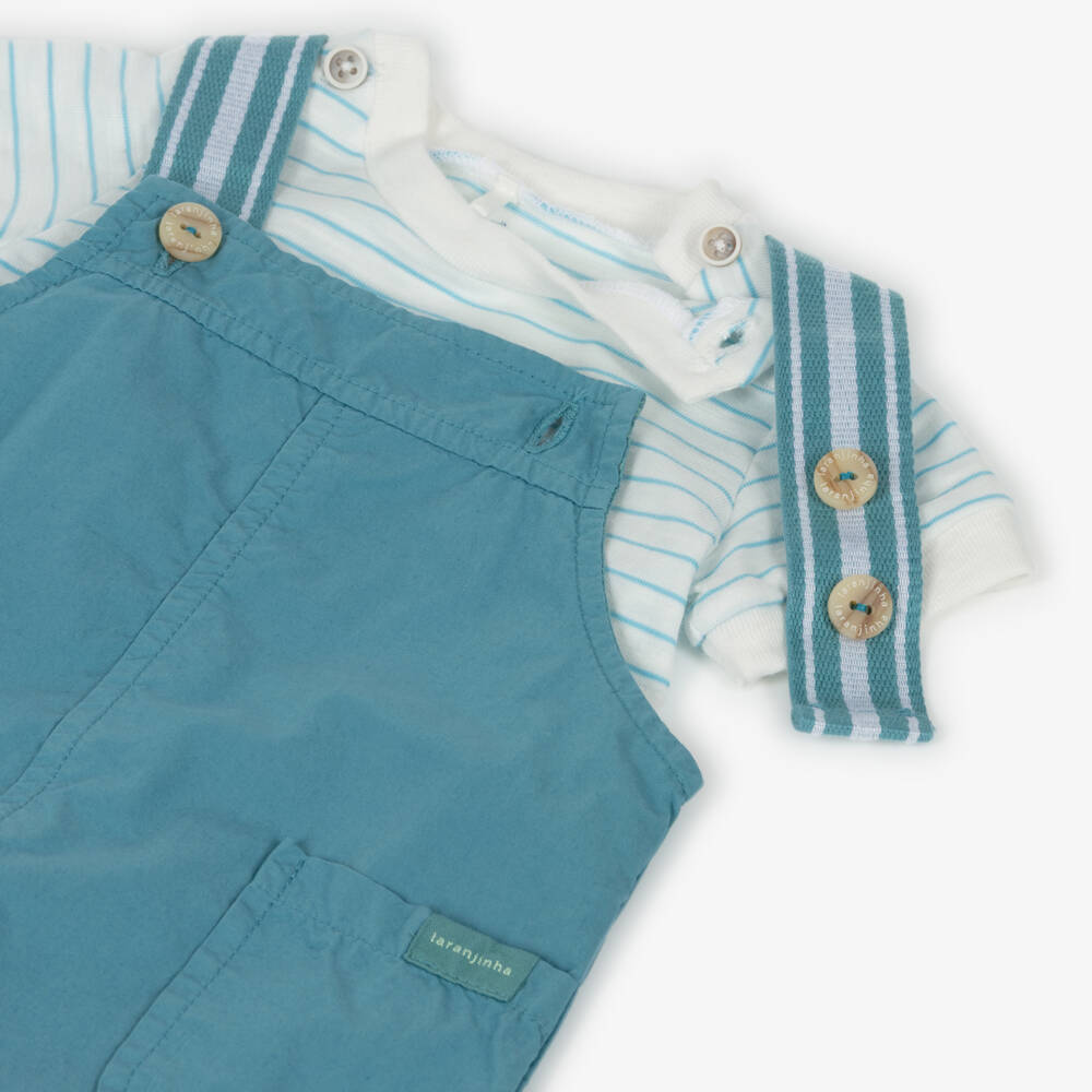 Laranjinha-Baby Boys Teal Blue Cotton Dungaree Shorts Set | Childrensalon