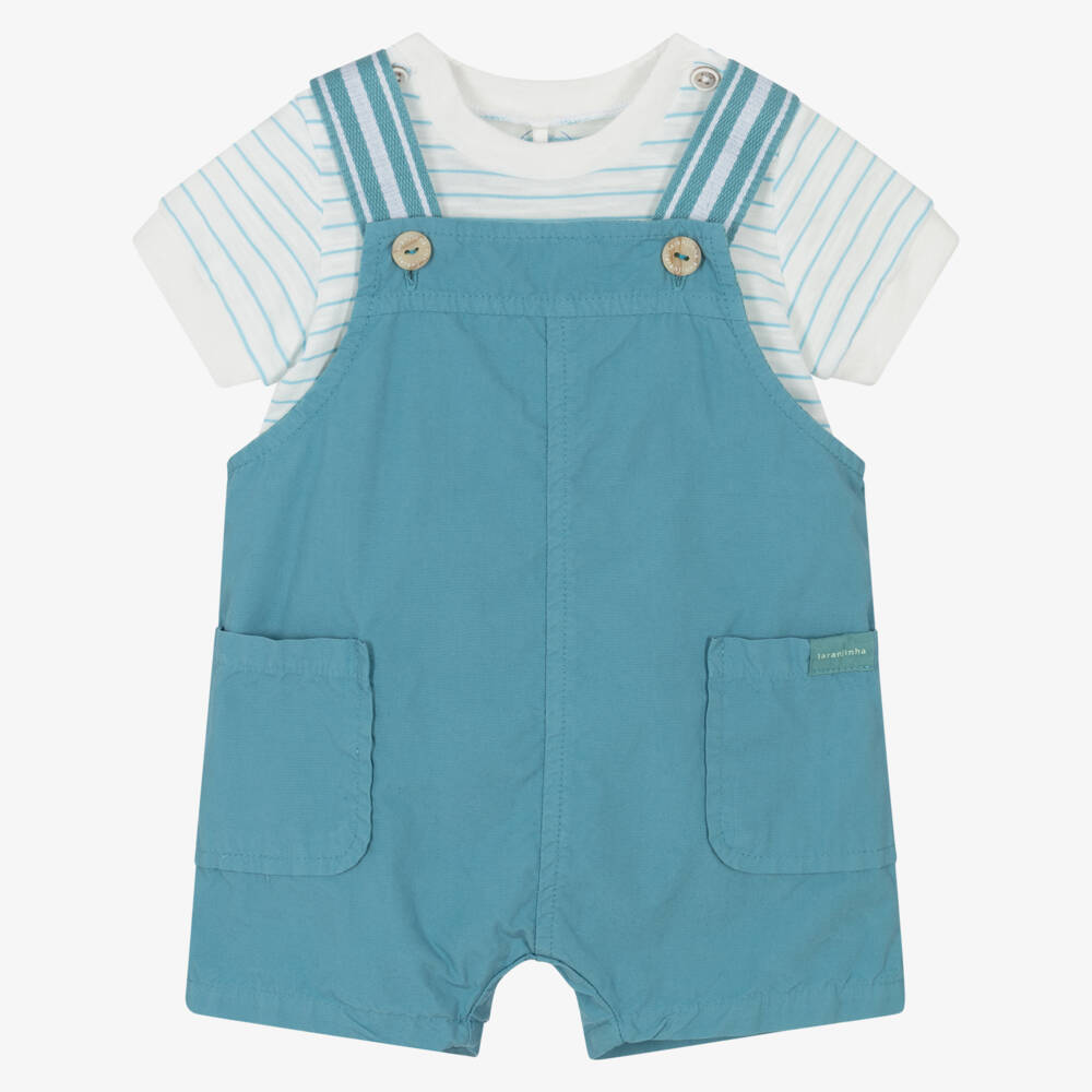 Laranjinha-Baby Boys Teal Blue Cotton Dungaree Shorts Set | Childrensalon