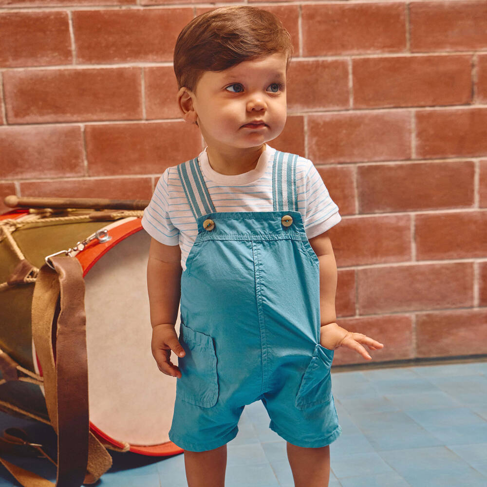 Laranjinha-Baby Boys Teal Blue Cotton Dungaree Shorts Set | Childrensalon