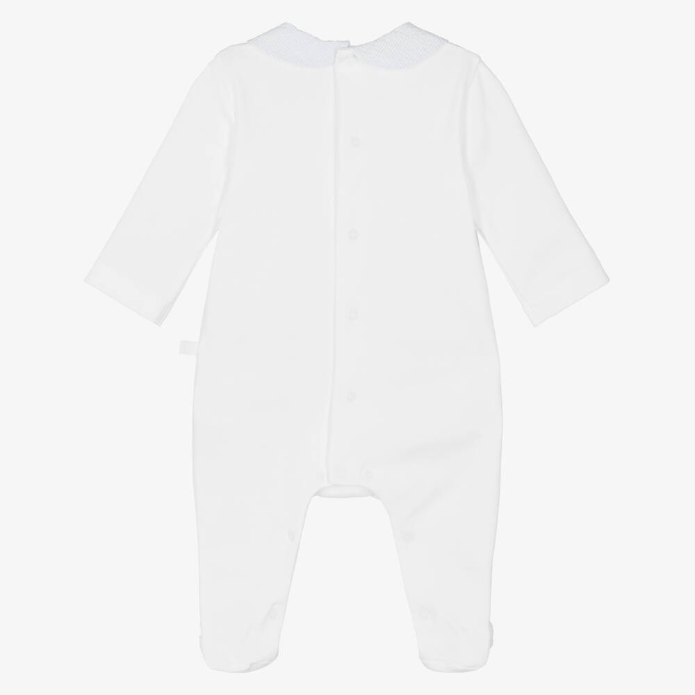Laranjinha-Baby Boys White Cotton Babygrow with Blue Striped Bib | Childrensalon
