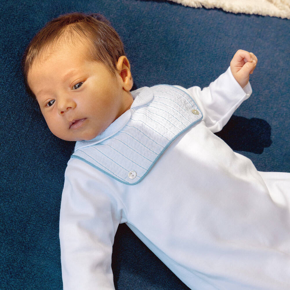 Laranjinha-Baby Boys White Cotton Babygrow with Blue Striped Bib | Childrensalon