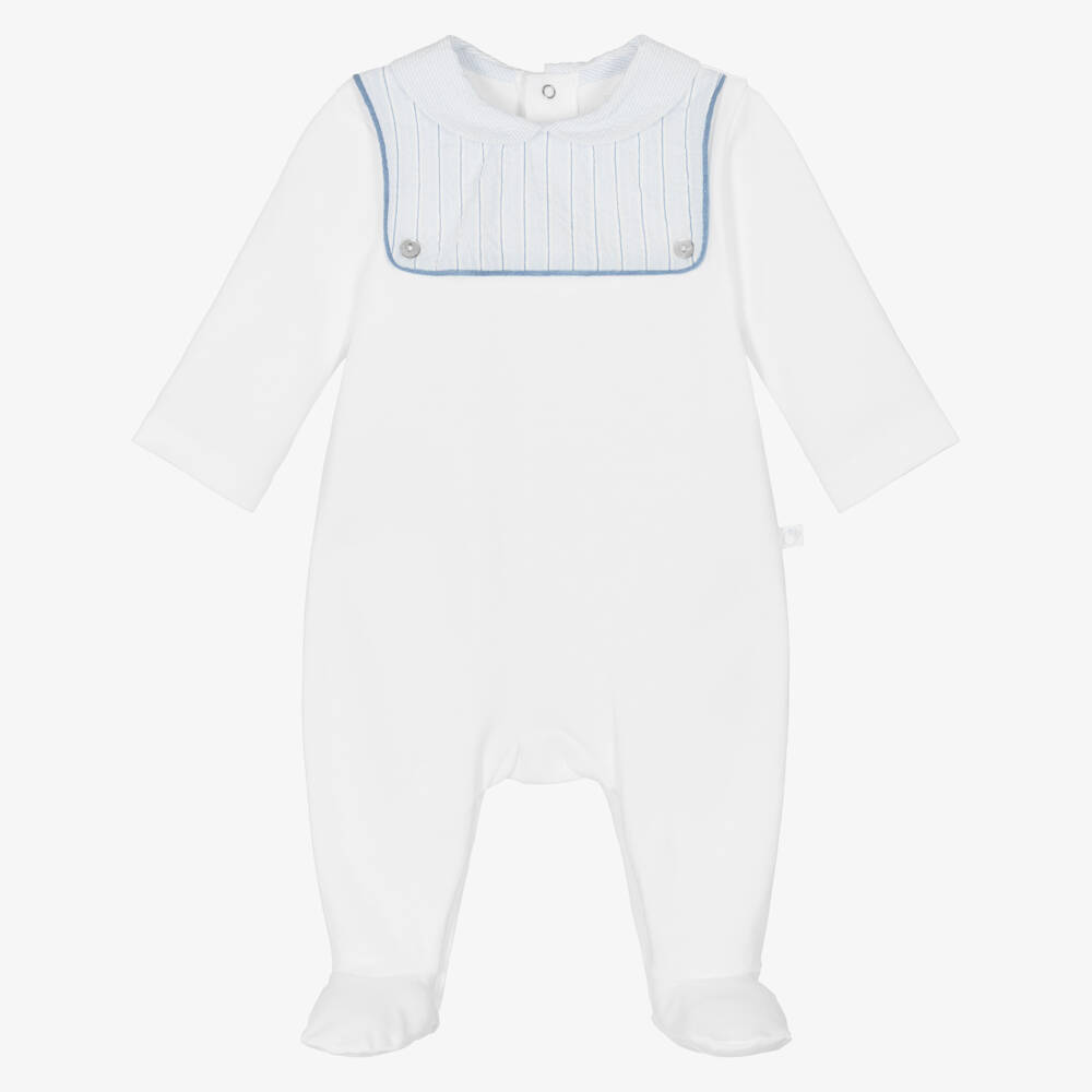 Laranjinha-Baby Boys White Cotton Babygrow with Blue Striped Bib | Childrensalon