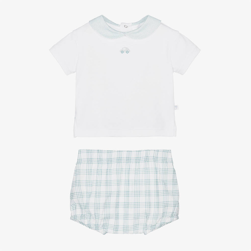 Laranjinha-Baby Boys White & Green Cotton Embroidered Car Shorts Set | Childrensalon
