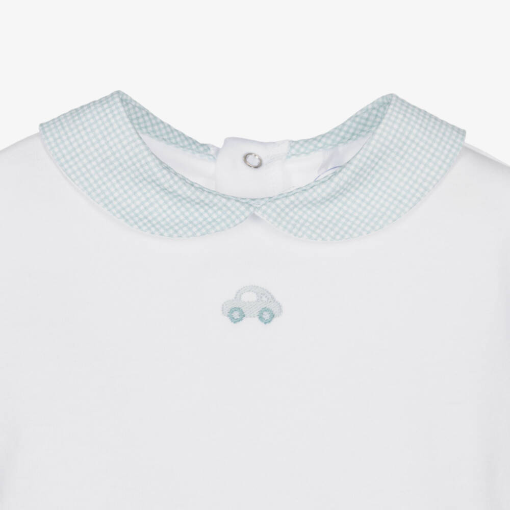 Laranjinha-Baby Boys White & Green Cotton Embroidered Car Shorts Set | Childrensalon