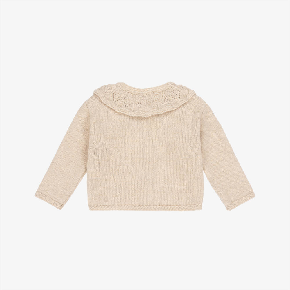 Laranjinha-Baby Girls Beige Wool Knit Cardigan with Patterned Collar | Childrensalon