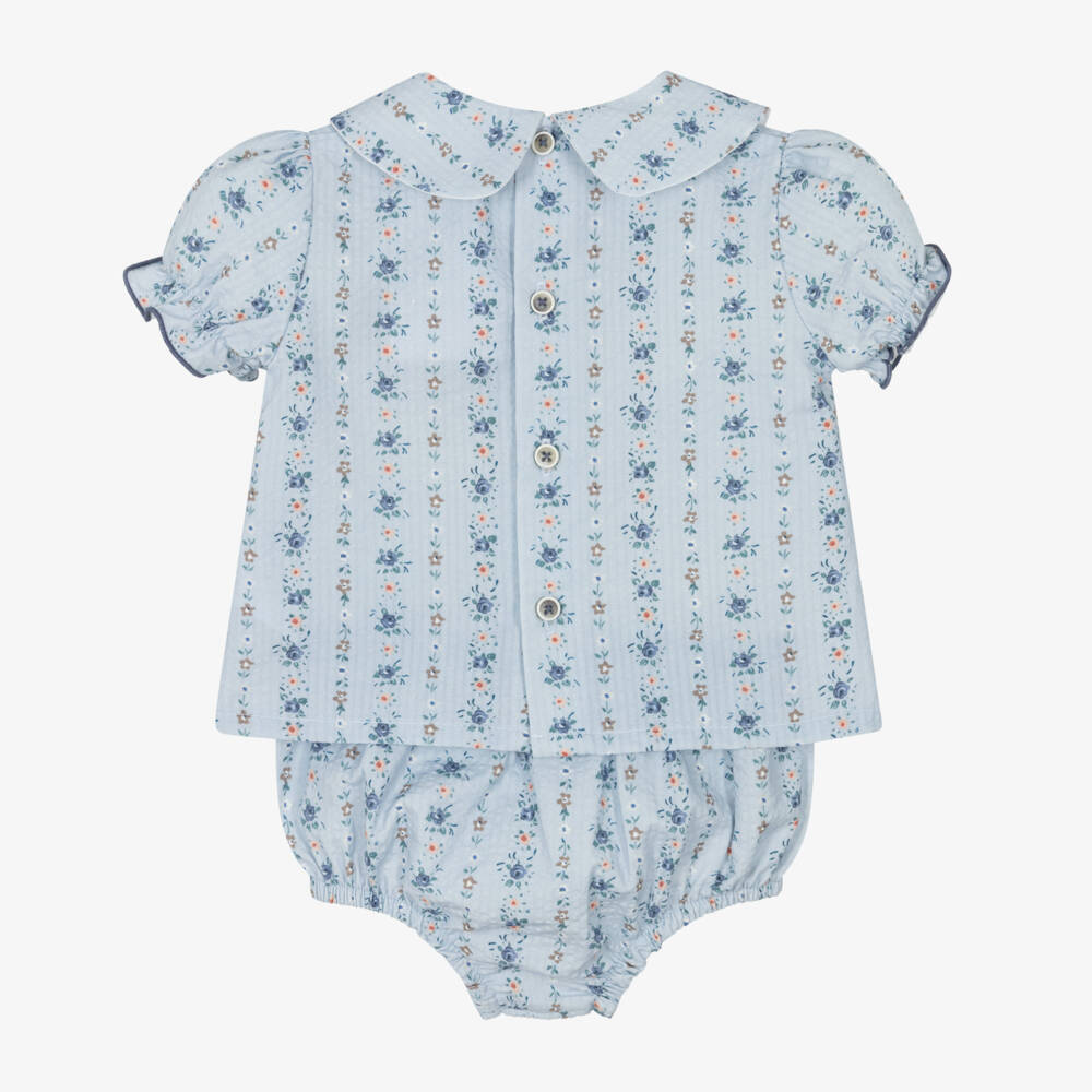 Laranjinha-Baby Girls Blue Floral Cotton Shorts Set | Childrensalon