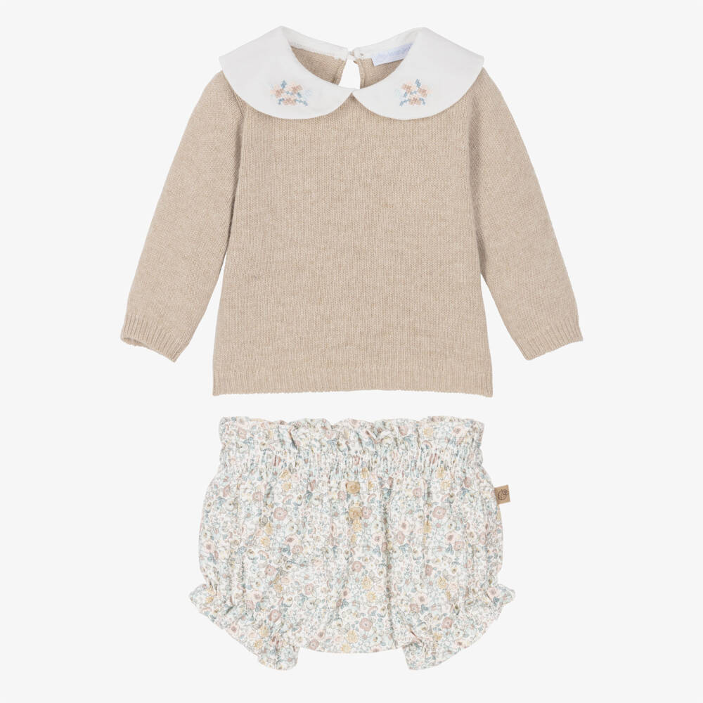 Laranjinha-Baby Girls Floral Shorts Set with Knitted Sweater | Childrensalon