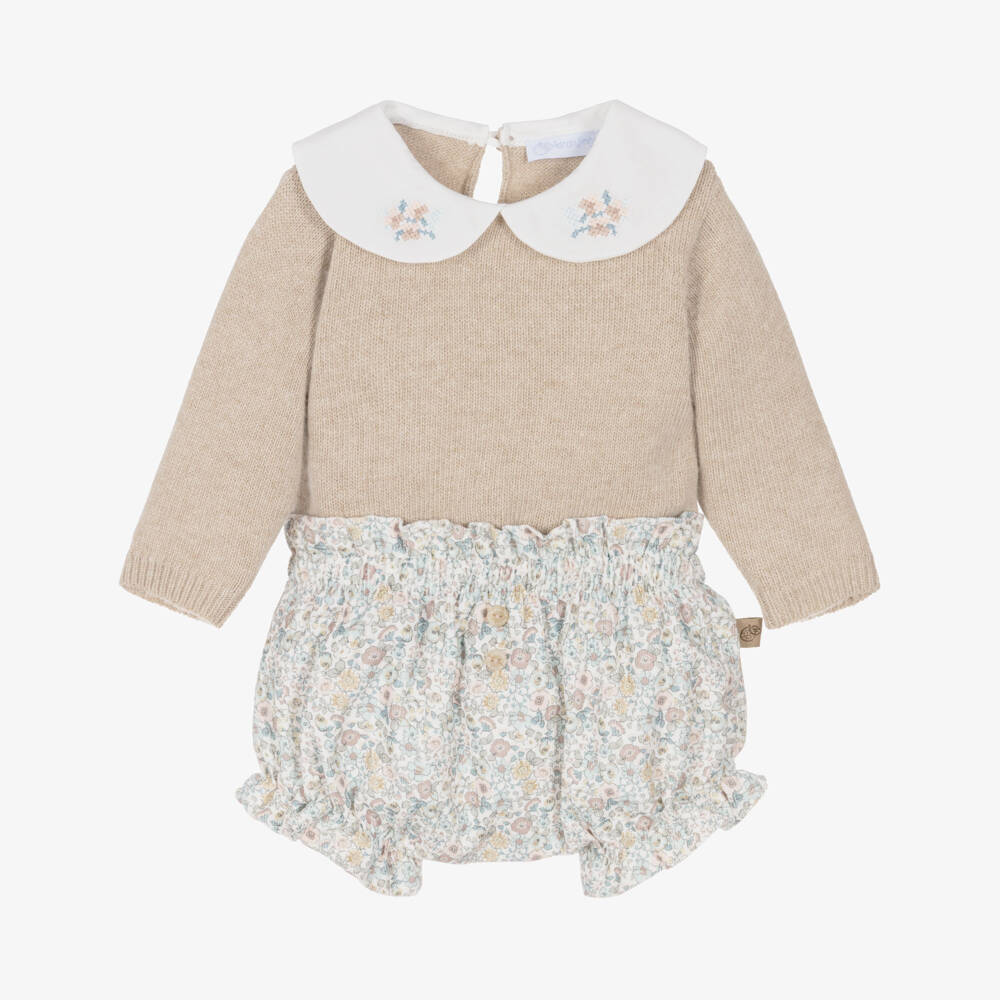 Laranjinha-Baby Girls Floral Shorts Set with Knitted Sweater | Childrensalon