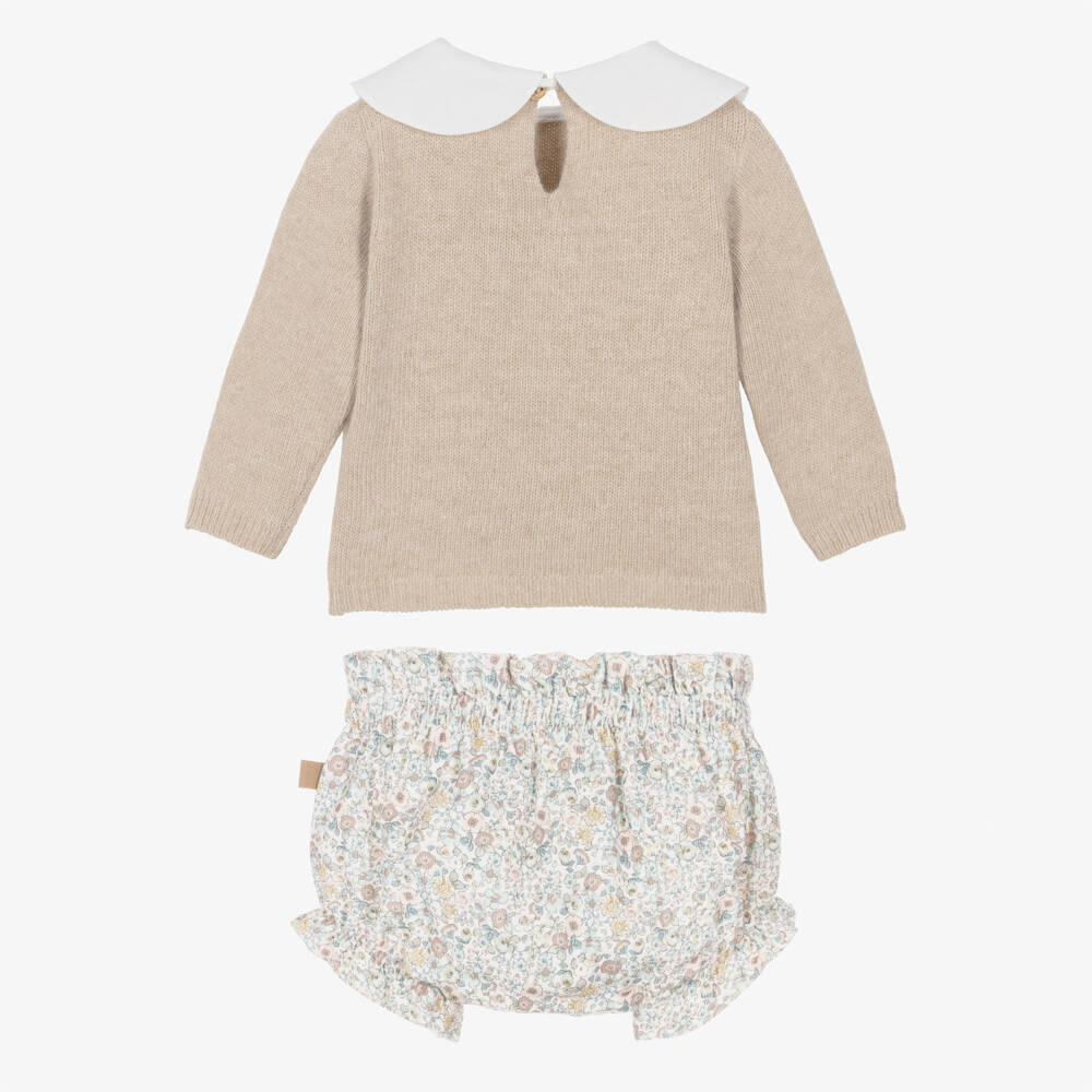 Laranjinha-Baby Girls Floral Shorts Set with Knitted Sweater | Childrensalon