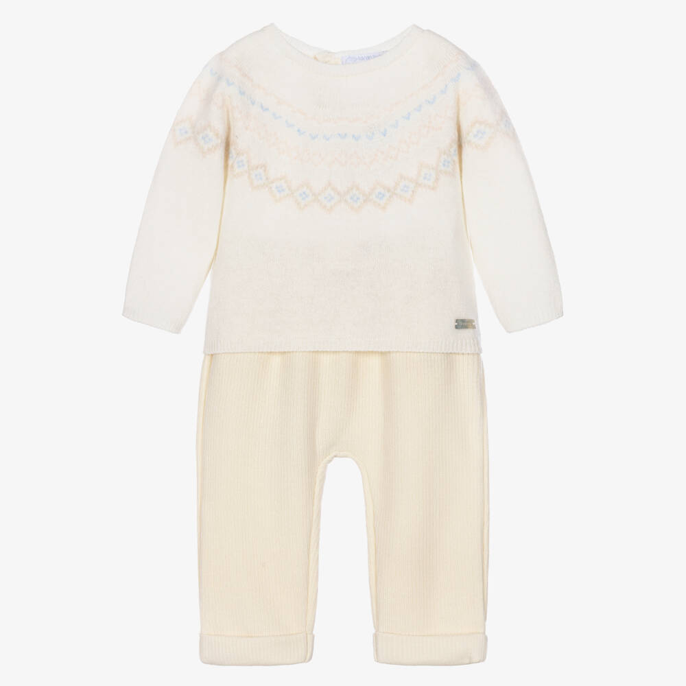 Laranjinha-Baby Girls Ivory & Pale Yellow Fair Isle Trouser Set | Childrensalon