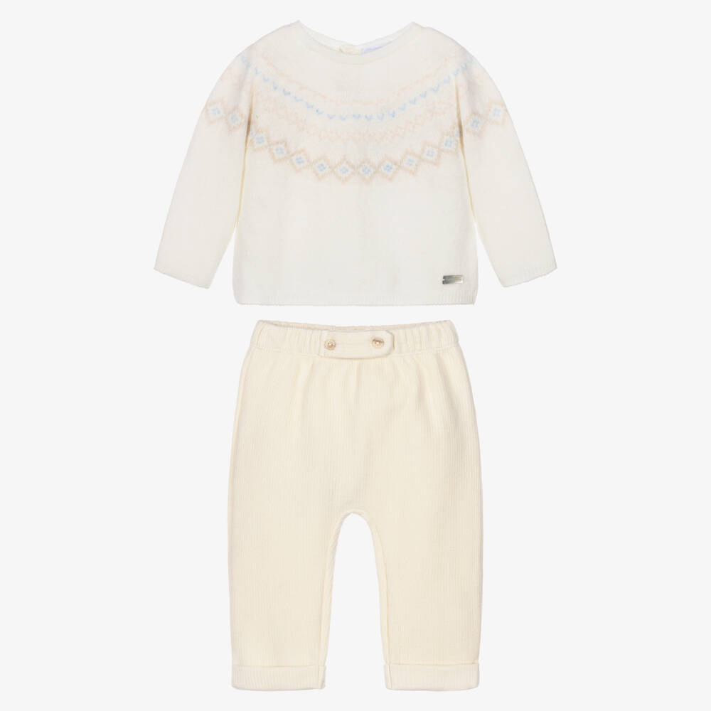 Laranjinha-Baby Girls Ivory & Pale Yellow Fair Isle Trouser Set | Childrensalon