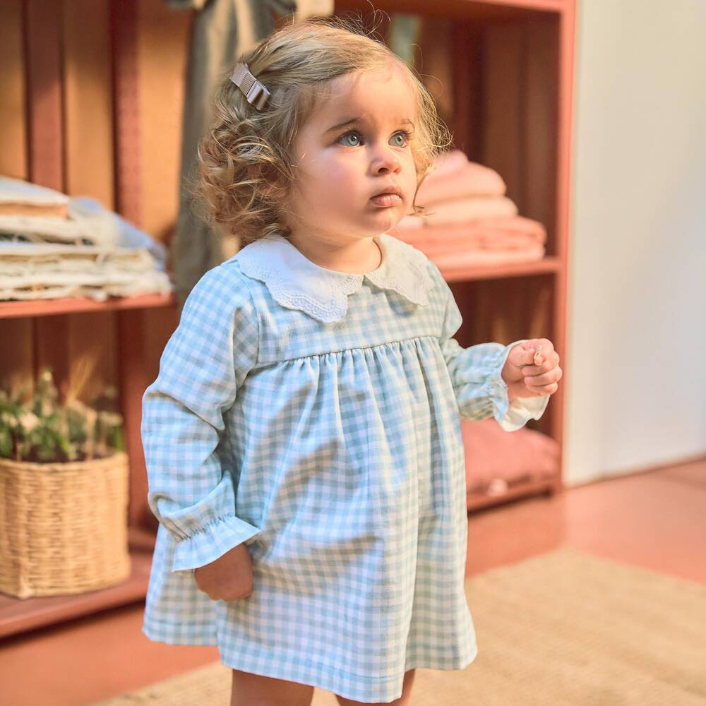 Laranjinha-Baby Girls Pale Teal Blue Gingham Dress | Childrensalon