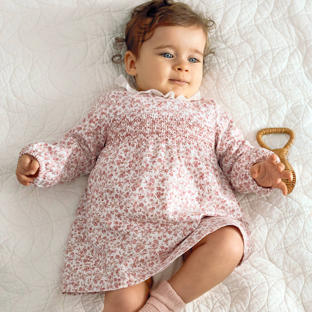 Laranjinha-Baby Girls Pink Cotton Floral Print Dress | Childrensalon