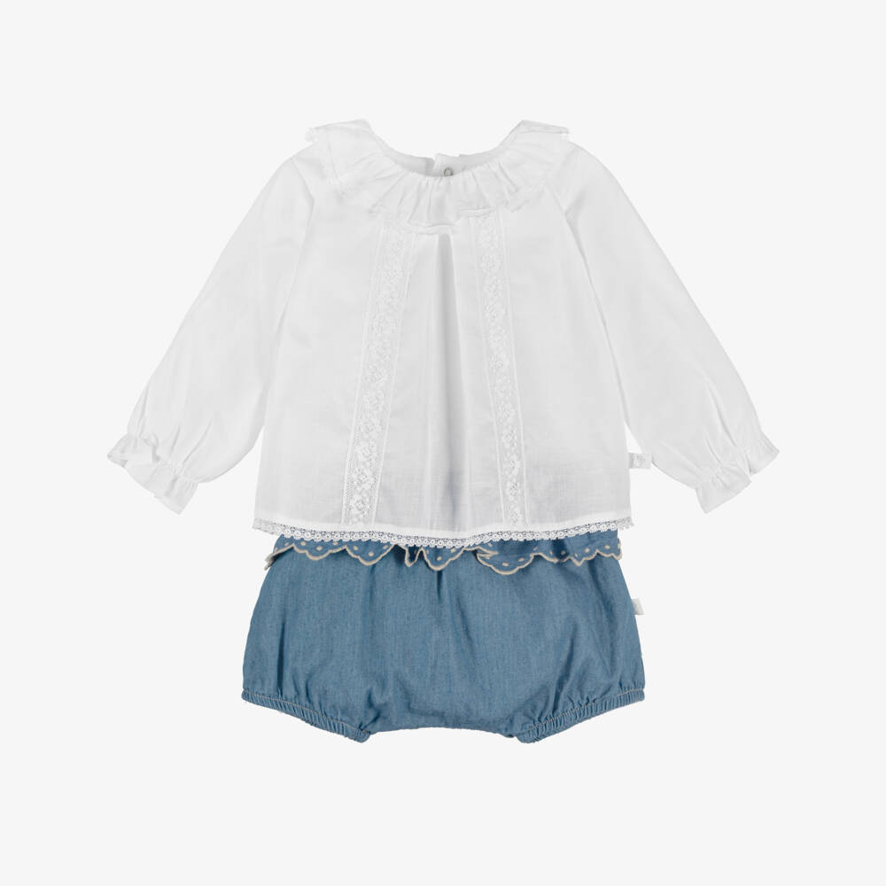 Laranjinha-Baby Girls White & Blue Chambray Shorts Set | Childrensalon
