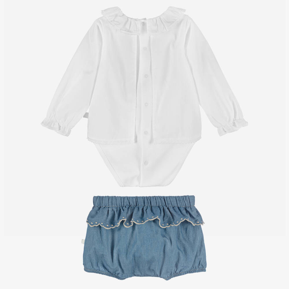 Laranjinha-Baby Girls White & Blue Chambray Shorts Set | Childrensalon