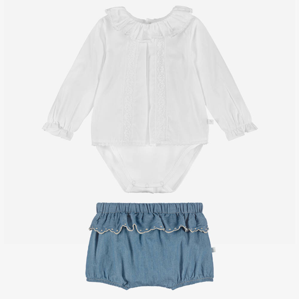 Laranjinha-Baby Girls White & Blue Chambray Shorts Set | Childrensalon