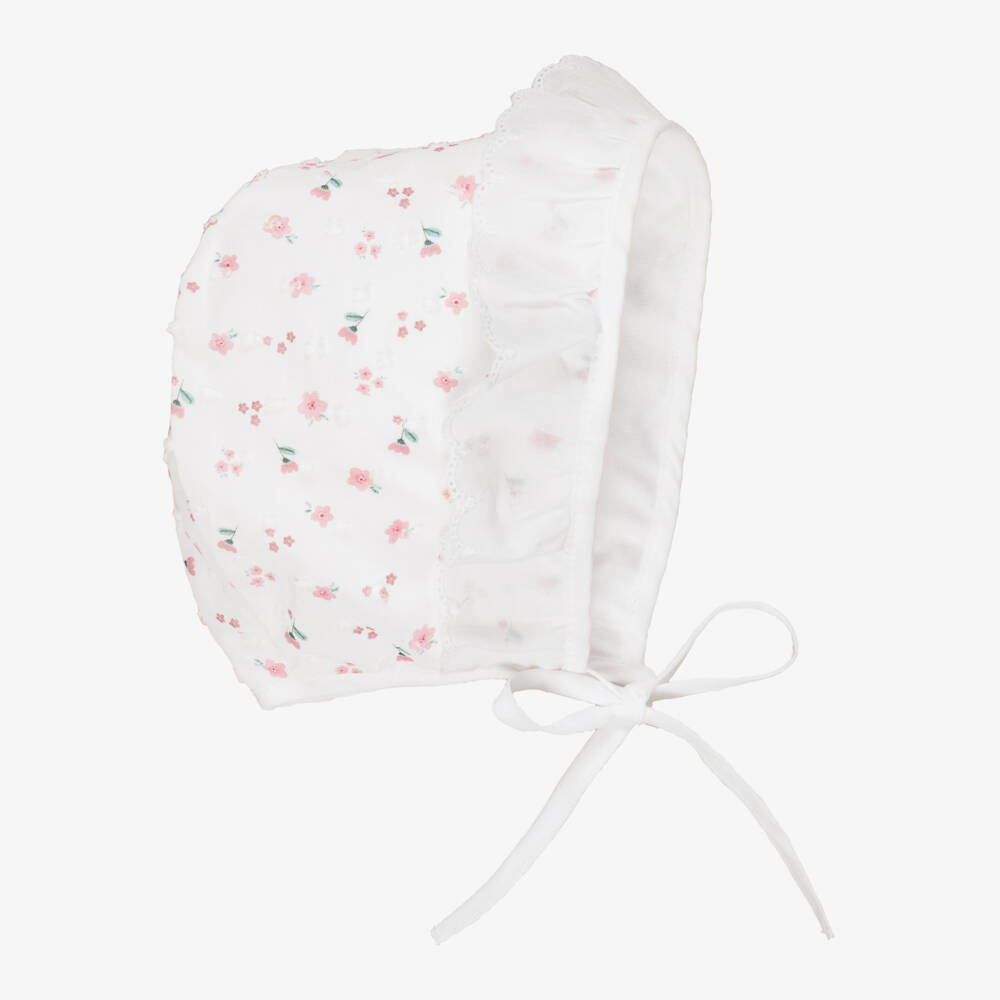 Laranjinha-Baby Girls White Cotton Bonnet with Floral Print | Childrensalon